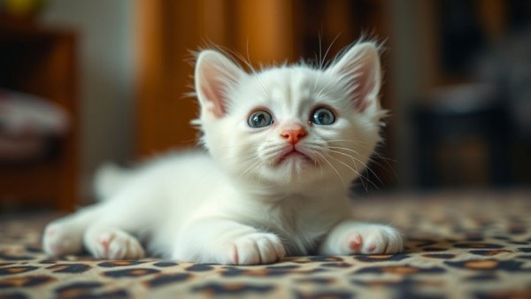 Adorable white kitten on leopard print surface, related to snake bites and pet safety.