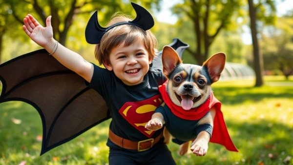 Child and dog in Halloween costumes highlight pet safety tips.