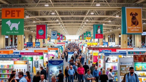 Indoor trade show with pet business booths and products.