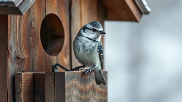 Alpine bird on a rustic wooden birdhouse, highlighting snow cover and elevation impact on alpine birds.