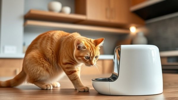 Smart Pet Technology: Ginger cat using an automatic feeder in a modern kitchen.