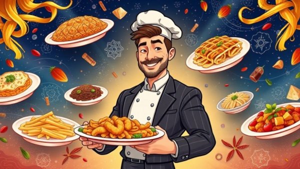 Dynamic illustration of a chef with international cuisine and cosmic background.