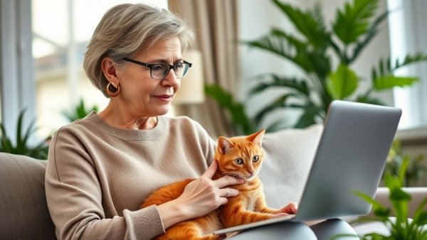 Woman consulting best online vet services for cats with ginger cat.