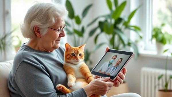 Elderly woman video calling vet with ginger cat, best online vet services UK.