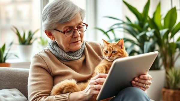 Elderly woman using online vet service for her cat, bright room setting.