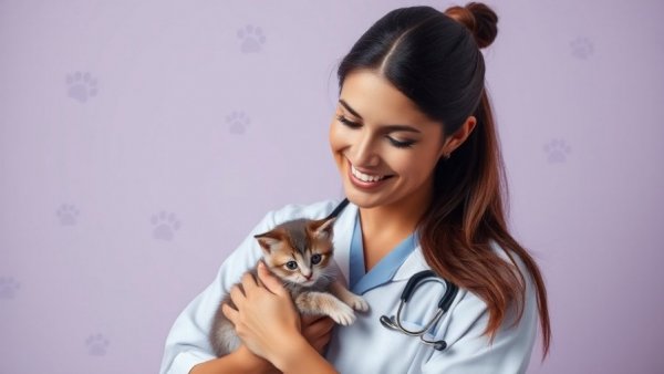 Female vet holding kitten discussing benefits of spaying cats.