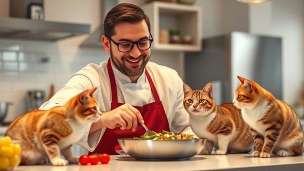 Woman cooking cat-safe meal in kitchen with two cats.