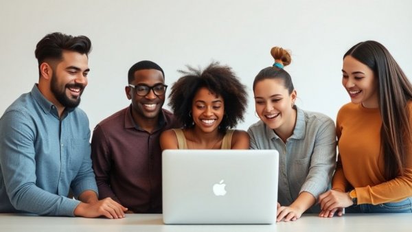 Team discussing marketing strategies for libraries around a laptop.
