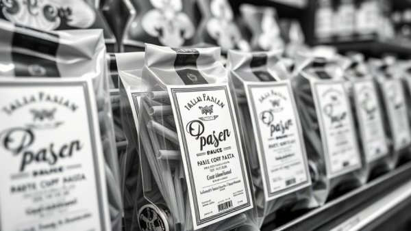 Monochrome close-up of Italian pasta packages, focusing on labels.