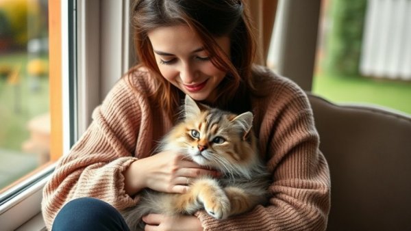 Young woman bonding with fluffy cat on lap, lap grooming in cats.
