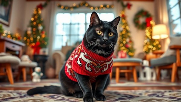 Cats of the Week Winners: Tuxedo cat in festive sweater, cozy setting