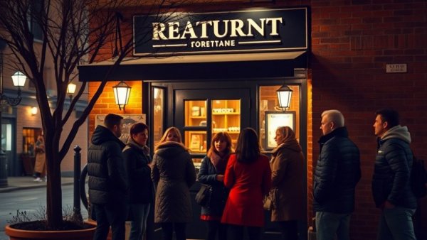 People outside The Eighty Six Restaurant NYC entrance at night.