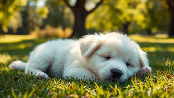 Fluffy white puppy relaxing in a sunny park, popular dog names 2025.