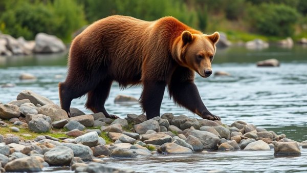 Brown bear walking on rocky riverbank in Alaska, related to bear hunting lawsuit.