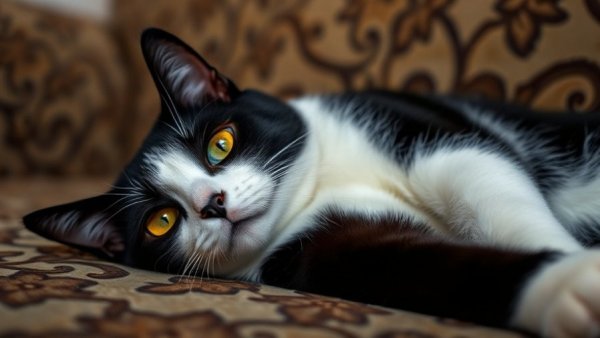 Tuxedo cat with heterochromia lying on patterned couch.
