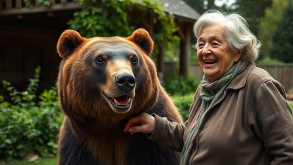 Elderly woman with bear in Japanese garden, AI creation