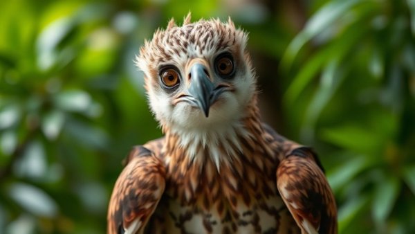 Young harpy eagle with curious look seen in a jungle setting.