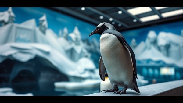Gentle penguin in icy exhibit at Sea Life London, calm setting.