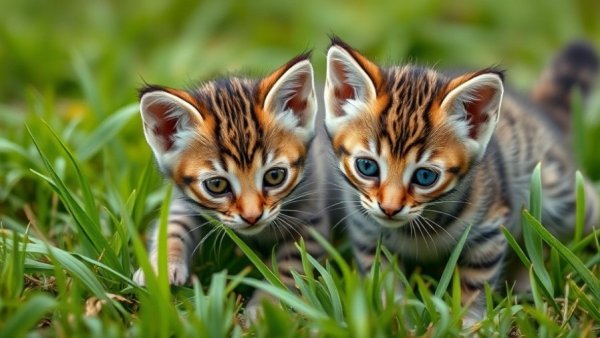 Scottish wildcat kittens exploring grassy habitat, vibrant scene.