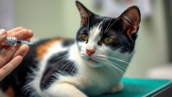 Calico cat receiving an injection for subtle signs of cat diabetes.