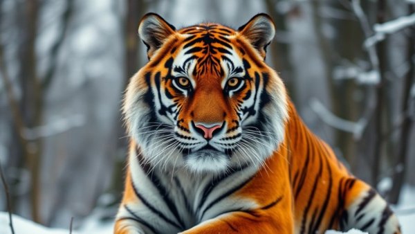 Majestic Siberian tiger in snowy forest, highlighting conflict.