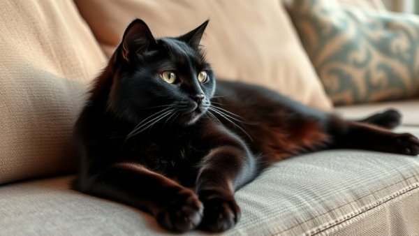 Calm black cat resting on a sofa, related to aggression in cats.