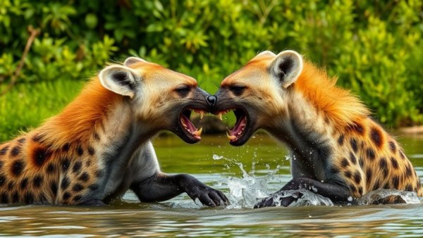 Two hyenas demonstrating hunting strategies in water, one baring teeth.