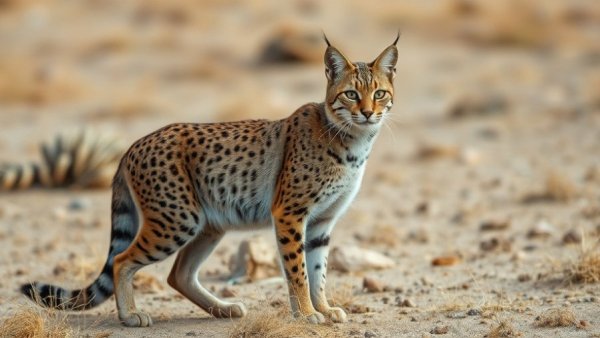 Graceful wild cat in arid landscape, DNA Analysis Cat History.