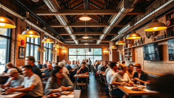 Fette Sau bustling interior with patrons dining, warm lighting.