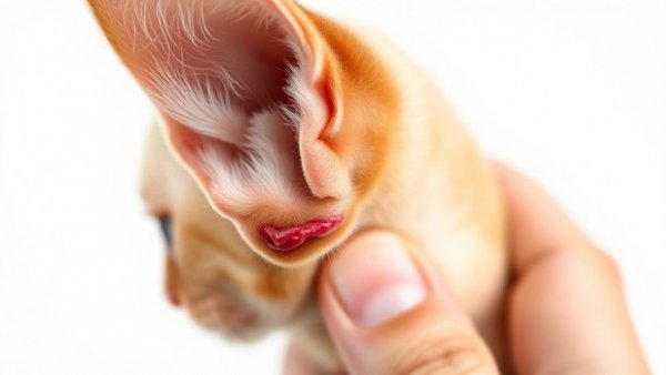 Close-up of a cat's ear with scabs, natural remedies for cat scabs.