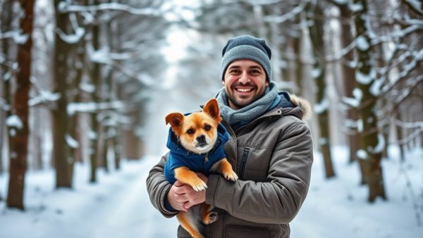 Man holding dog in blue coat in snowy forest, highlighting Hypothermia vs. Frostbite in Dogs.