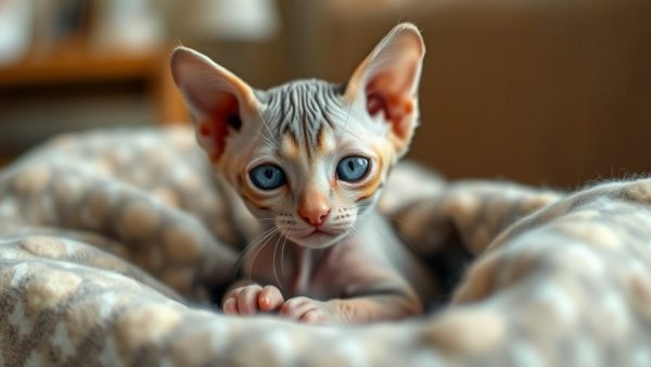 Hairless kitten nestled in a blanket, looking curious.