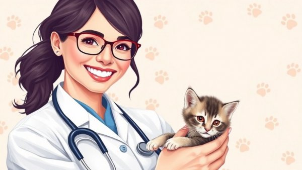Smiling vet with kitten, managing feline diabetes advice.