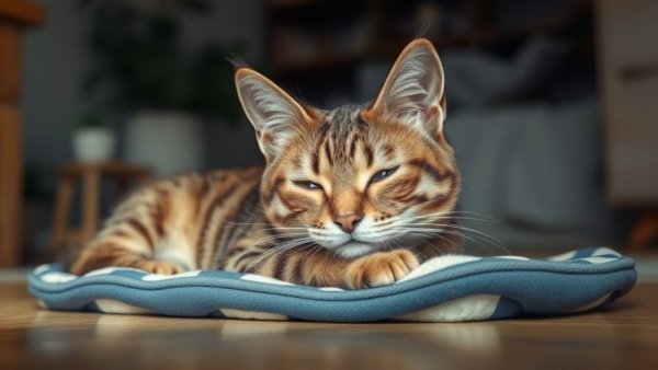 Calm special needs tabby cat resting for adoption story.