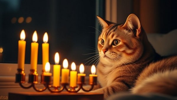 Chanukah celebration traditions with menorah and cat by window.
