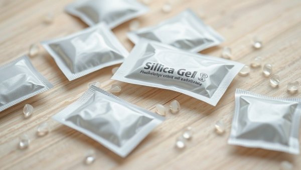 Silica gel packets and beads on wood surface.
