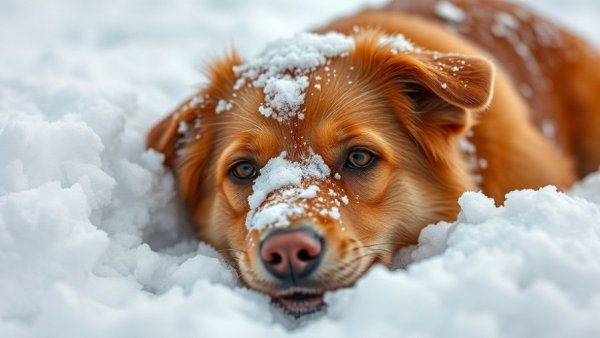 Ginger dog in snow highlighting winter skin problems in pets.