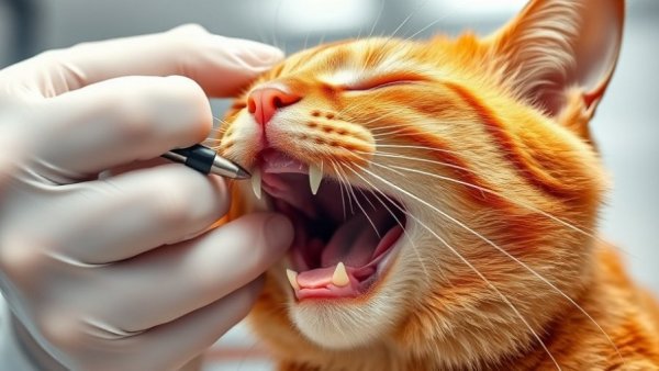 Veterinarian examining an orange cat's mouth, eosinophilic granulomas in cats focus.