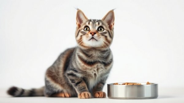 Tabby cat with food bowl highlighting food allergies in cats research.