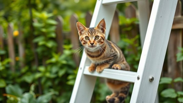 Curious cat on ladder in lush garden illustrating How Cats Improve Senior Citizens' Lives.