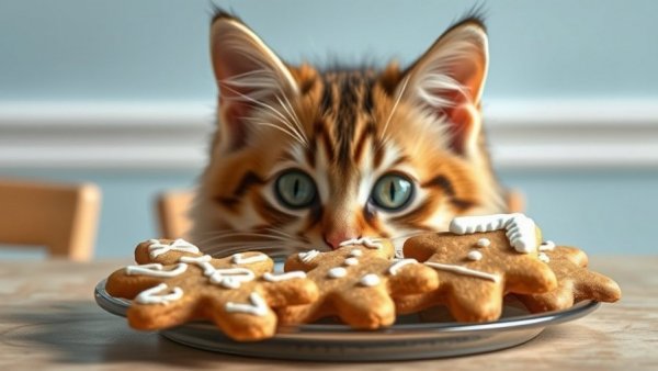 Curious cat eyeing gingerbread cookies on a table, exploring safe Christmas foods for cats.