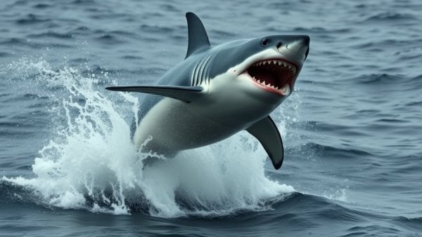 Dramatic great white shark moment breaching in the ocean.