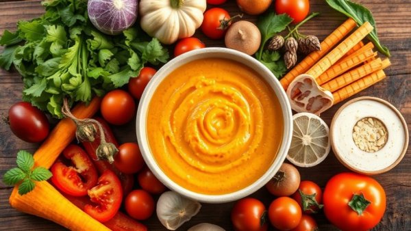 Assorted ingredients with orange puree on a plate for baby food for cats.