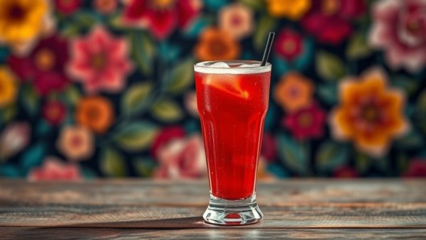 Vibrant creative mocktail with floral backdrop on a wooden table.