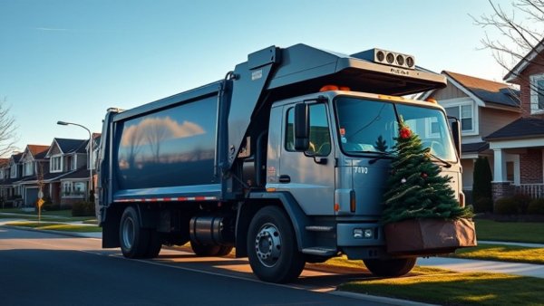 Garbage truck curbside collection of Christmas trees on suburban street.
