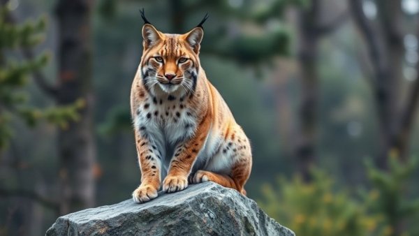 Majestic lynx on rock in natural setting, Protect Spain's White Lynx.