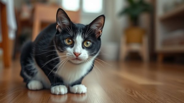 Curious black and white cat's coat genetics, on wooden floor.