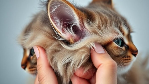 Cat's ear with visible sore being examined closely.
