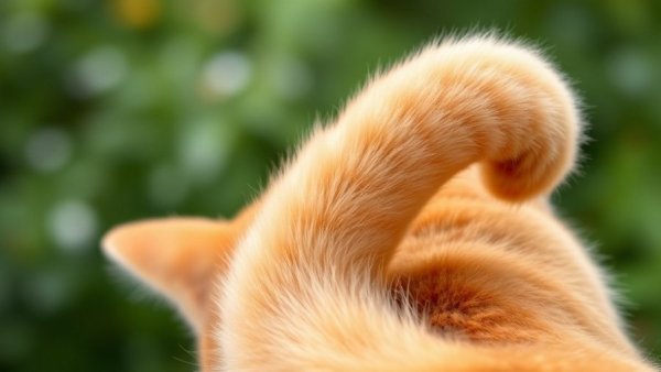 Close-up of a ginger cat's tail against a blurred green background.