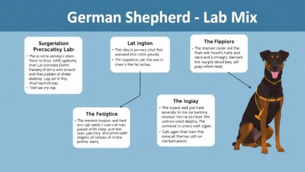 Infographic of German Shepherd Lab mix traits with blue text boxes.